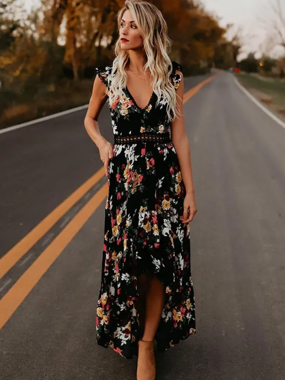 Robe longue bohème noire à fleurs pour femme - Ourlet asymétrique dos nu taille en crochet - Tenues d'été pour un rendez-vous galant 2026