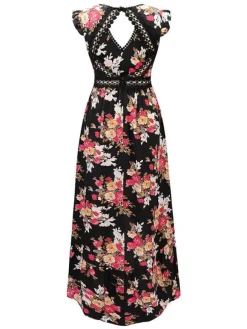 Robe longue bohème noire à fleurs pour femme - Ourlet asymétrique dos nu taille en crochet - Tenues d'été pour un rendez-vous galant 2026