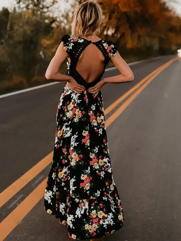 Robe longue bohème noire à fleurs pour femme - Ourlet asymétrique dos nu taille en crochet - Tenues d'été pour un rendez-vous galant 2026