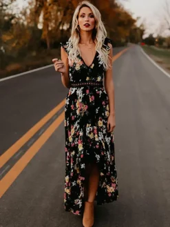 Robe longue bohème noire à fleurs pour femme - Ourlet asymétrique dos nu taille en crochet - Tenues d'été pour un rendez-vous galant 2026