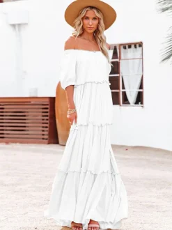 Robe longue bohème à épaules dénudées et volants pour femme - Robe longue fluide crème à manches bouffantes - Collection été 2026