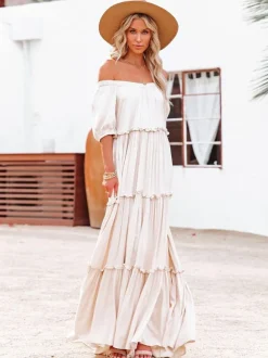 Robe longue bohème à épaules dénudées et volants pour femme - Robe longue fluide crème à manches bouffantes - Collection été 2026
