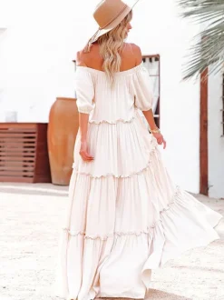 Robe longue bohème à épaules dénudées et volants pour femme - Robe longue fluide crème à manches bouffantes - Collection été 2026