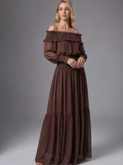 Robe longue bohème à épaules dénudées pour femme - Robe longue marron à volants en mousseline de soie taille smockée et manches longues étagées - Idéale pour une soirée romantique à la plage (2026)