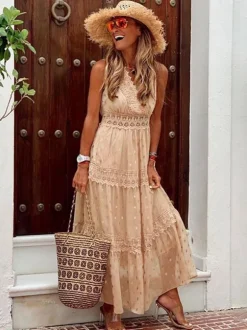 Robe longue bohème à pois pour femme - Robe d'été à col en V et bordure en dentelle - Idéale pour les vacances d'été à la plage 2026