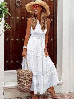 Robe longue bohème à pois pour femme - Robe d'été à col en V et bordure en dentelle - Idéale pour les vacances d'été à la plage 2026