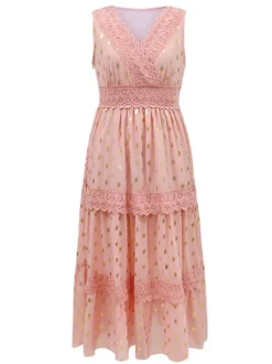 Robe longue bohème à pois pour femme - Robe d'été à col en V et bordure en dentelle - Idéale pour les vacances d'été à la plage 2026