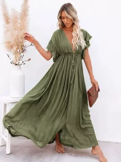 Robe longue bohème pour femme - Décolleté plongeant en V manches à volants taille cintrée et poches - Idéale pour les vacances d'été à la plage 2026