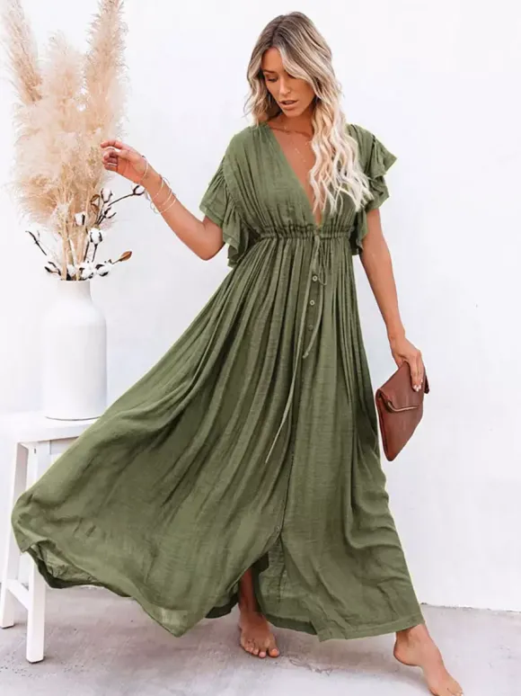 Robe longue bohème pour femme - Décolleté plongeant en V manches à volants taille cintrée et poches - Idéale pour les vacances d'été à la plage 2026