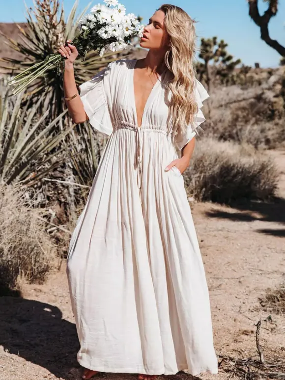 Robe longue bohème pour femme - Décolleté plongeant en V manches à volants taille cintrée et poches - Idéale pour les vacances d'été à la plage 2026