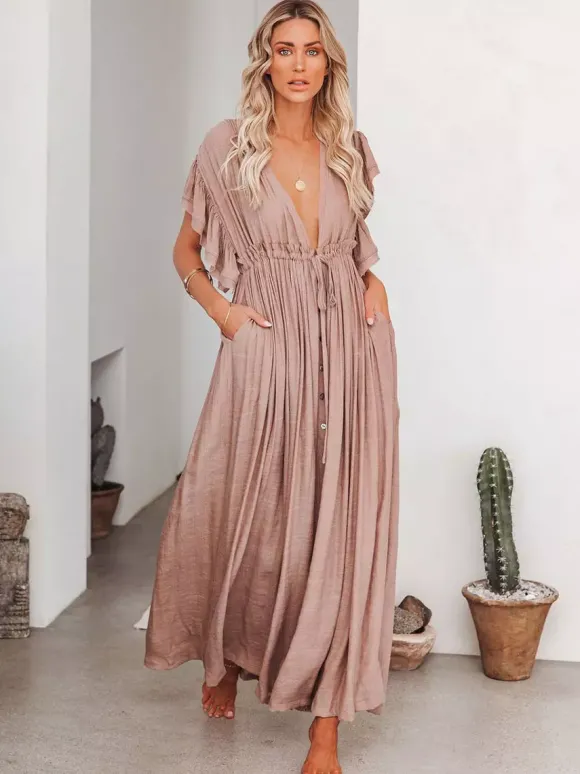 Robe longue bohème pour femme - Décolleté plongeant en V manches à volants taille cintrée et poches - Idéale pour les vacances d'été à la plage 2026