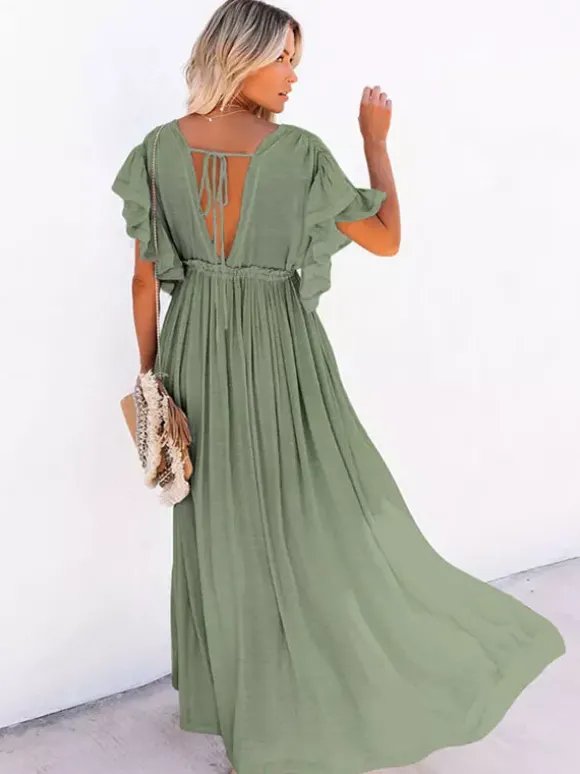 Robe longue bohème pour femme - Décolleté plongeant en V manches à volants taille cintrée et poches - Idéale pour les vacances d'été à la plage 2026
