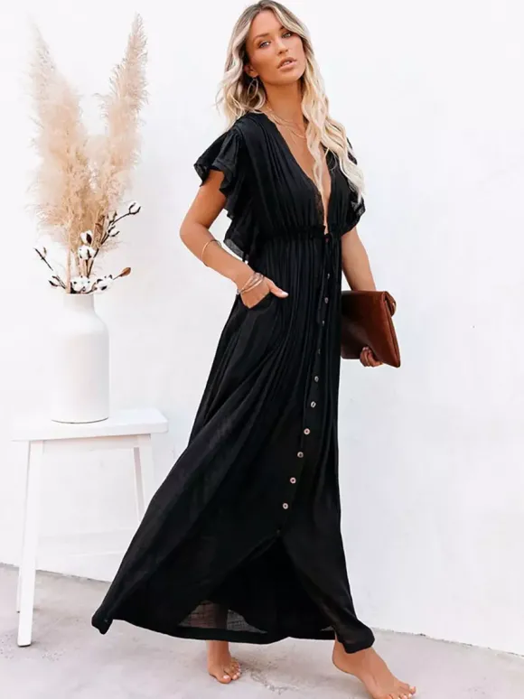 Robe longue bohème pour femme - Décolleté plongeant en V manches à volants taille cintrée et poches - Idéale pour les vacances d'été à la plage 2026