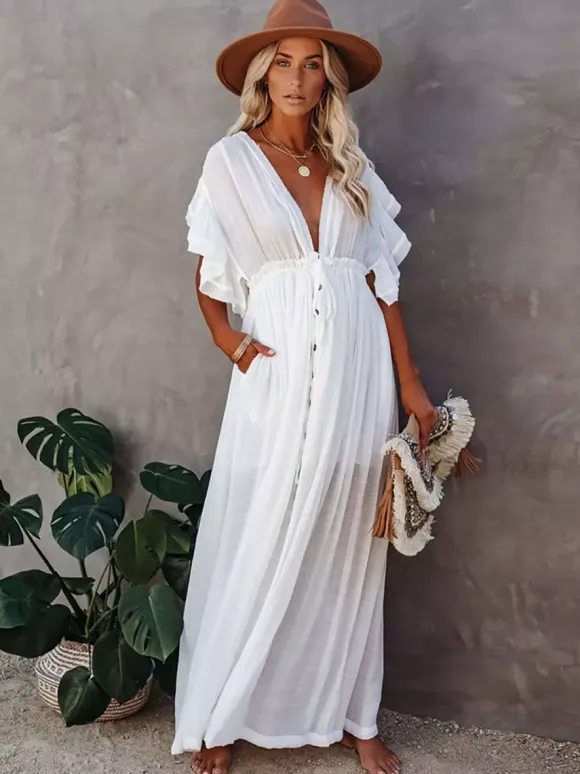 Robe longue bohème pour femme - Décolleté plongeant en V manches à volants taille cintrée et poches - Idéale pour les vacances d'été à la plage 2026
