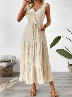 Robe longue bohème à volants pour femme - Couleur abricot texturée col en V sans manches taille nouée coupe trapèze - Collection été 2026