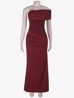 Robe longue bordeaux asymétrique pour femme - Élégante robe moulante froncée - Tenue de soirée chic et raffinée 2026