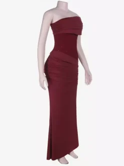 Robe longue bordeaux asymétrique pour femme - Élégante robe moulante froncée - Tenue de soirée chic et raffinée 2026