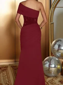 Robe longue bordeaux asymétrique pour femme - Élégante robe moulante froncée - Tenue de soirée chic et raffinée 2026