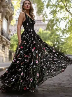 Robe longue brodée de fleurs pour femme - Robe en tulle noir à col en V - Soirée de bal de printemps 2026