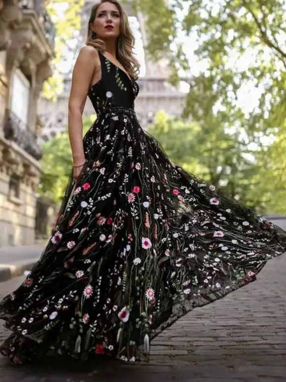 Robe longue brodée de fleurs pour femme - Robe en tulle noir à col en V - Soirée de bal de printemps 2026