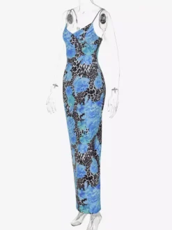 Robe longue bustier imprimée léopard bleu pour femme style urbain audacieux