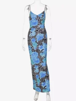 Robe longue bustier imprimée léopard bleu pour femme style urbain audacieux