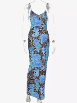 Robe longue bustier imprimée léopard bleu pour femme style urbain audacieux