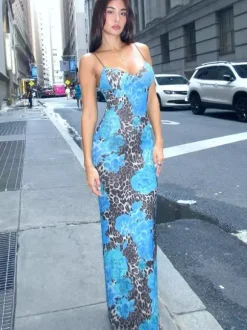 Robe longue bustier imprimée léopard bleu pour femme style urbain audacieux