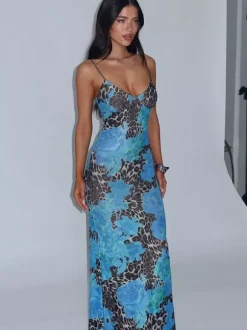 Robe longue bustier imprimée léopard bleu pour femme style urbain audacieux