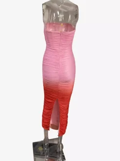 Robe longue bustier ombrée pour femme - Robe tube moulante froncée pêche avec fente au dos - Collection été 2026