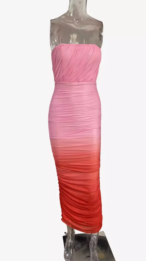 Robe longue bustier ombrée pour femme - Robe tube moulante froncée pêche avec fente au dos - Collection été 2026
