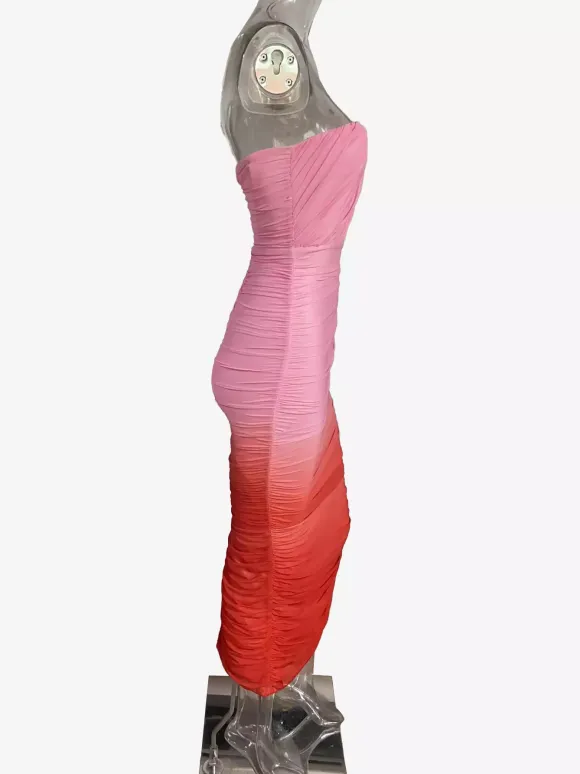 Robe longue bustier ombrée pour femme - Robe tube moulante froncée pêche avec fente au dos - Collection été 2026