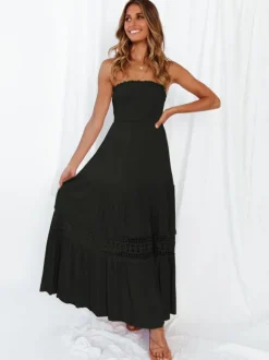 Robe longue bustier smockée pour femme - Robe tube bohème en dentelle crochetée à volants - Collection été 2026