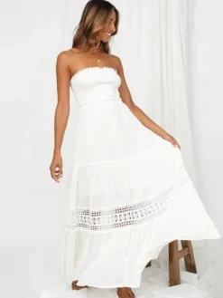 Robe longue bustier smockée pour femme - Robe tube bohème en dentelle crochetée à volants - Collection été 2026