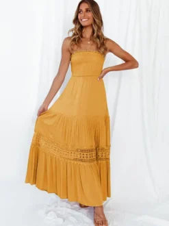 Robe longue bustier smockée pour femme - Robe tube bohème en dentelle crochetée à volants - Collection été 2026