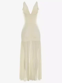 Robe longue crème à col V et manches à volants pour femme style élégant et formel