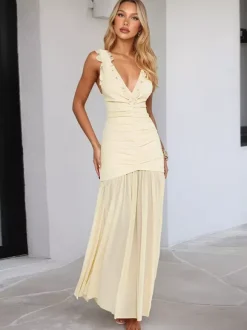 Robe longue crème à col V et manches à volants pour femme style élégant et formel