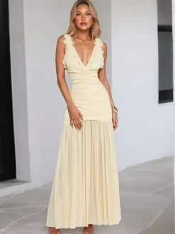 Robe longue crème à col V et manches à volants pour femme style élégant et formel
