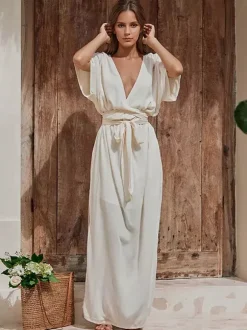 Robe longue à décolleté plongeant pour femme - Robe kimono bohème à manches courtes ceinture et fente latérale - Idéale pour les vacances d'été à la plage 2026