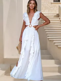 Robe longue à découpe taille haute pour femme - Robe fluide sans manches à volants décolleté en V profond et anneaux - Idéale pour les fêtes d'été sur la plage 2026