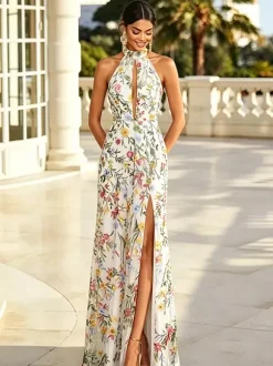 Robe longue de soirée à fleurs brodées en tulle robe maxi dos nu à décolleté en V et fente haute robe d'invitée de mariage