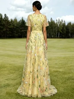 Robe longue de soirée lilas poudré en tulle brodé de fleurs col V manches courtes papillon coupe trapèze robe d'invitée de mariage