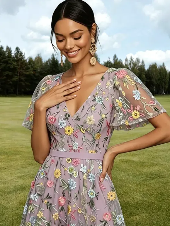 Robe longue de soirée lilas poudré en tulle brodé de fleurs col V manches courtes papillon coupe trapèze robe d'invitée de mariage
