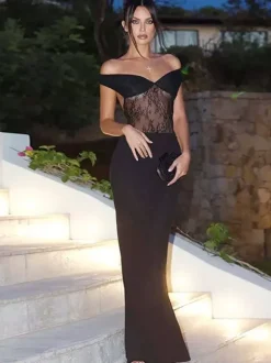 Robe longue de soirée noire à col V en dentelle sans manches élégante et semi-formelle idéale pour l'été.