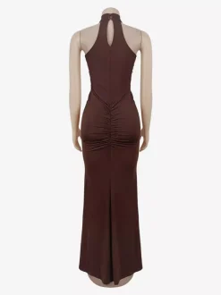 Robe longue de soirée à sequins col halter taille froncée et fente haute pour femme 2026