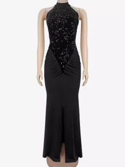 Robe longue de soirée à sequins col halter taille froncée et fente haute pour femme 2026