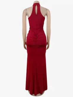 Robe longue de soirée à sequins col halter taille froncée et fente haute pour femme 2026