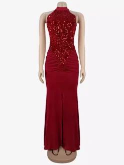 Robe longue de soirée à sequins col halter taille froncée et fente haute pour femme 2026