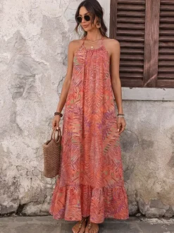 Robe longue de vacances bohème orange à imprimé tropical col halter robe de plage