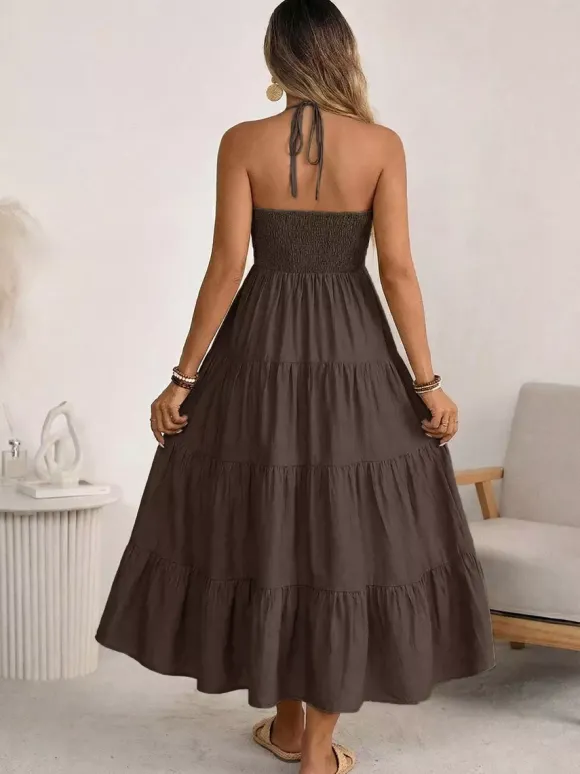Robe longue de vacances vert tendre à lacets sans manches dos nu et col en V
